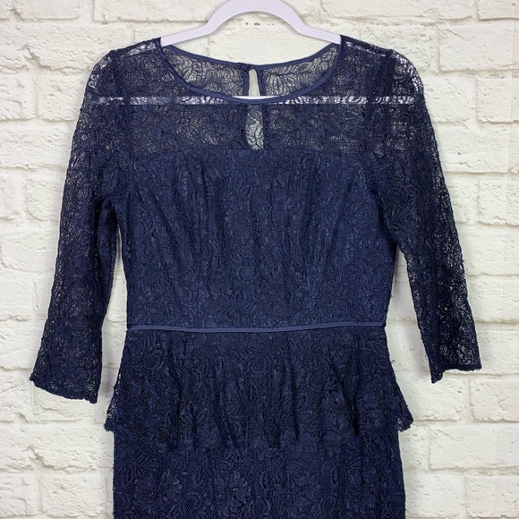 Adrianna Papell Navy Peplum Lace Silk Shift Dress - Picture 3 of 7